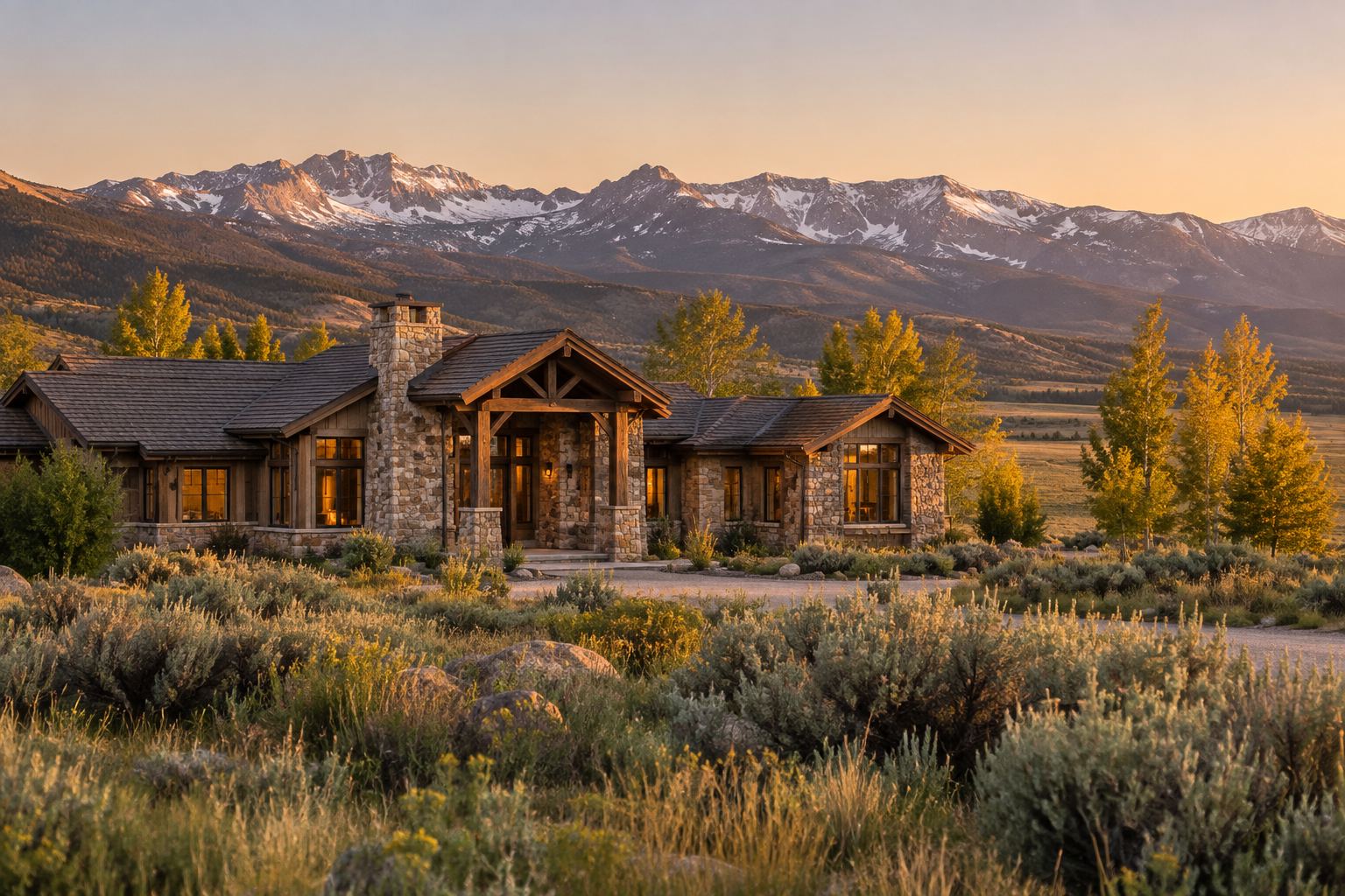 A ranch style home in a Wyoming mountain valley, illustrative