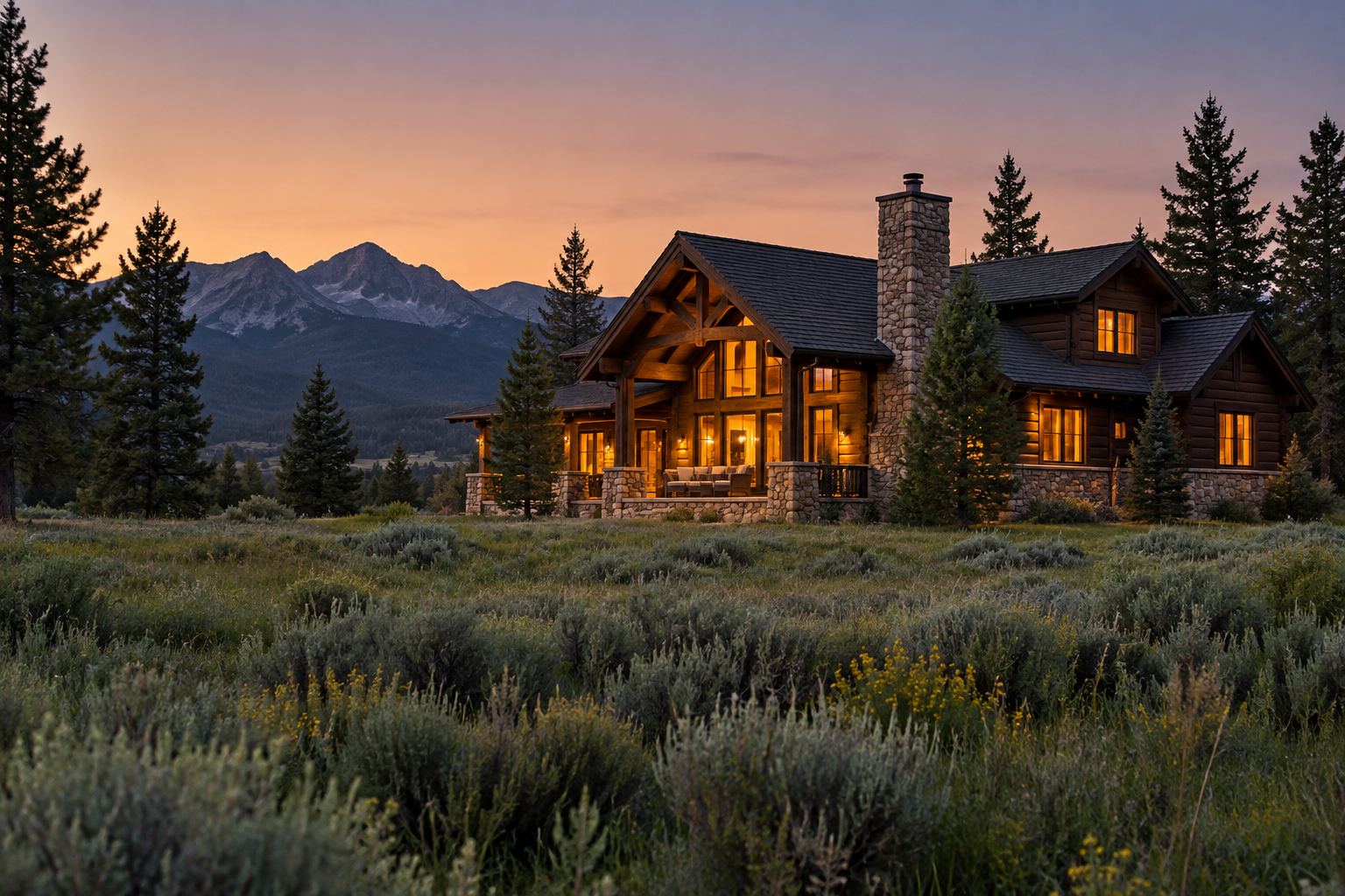 A brick traditional home at dusk, illustrative