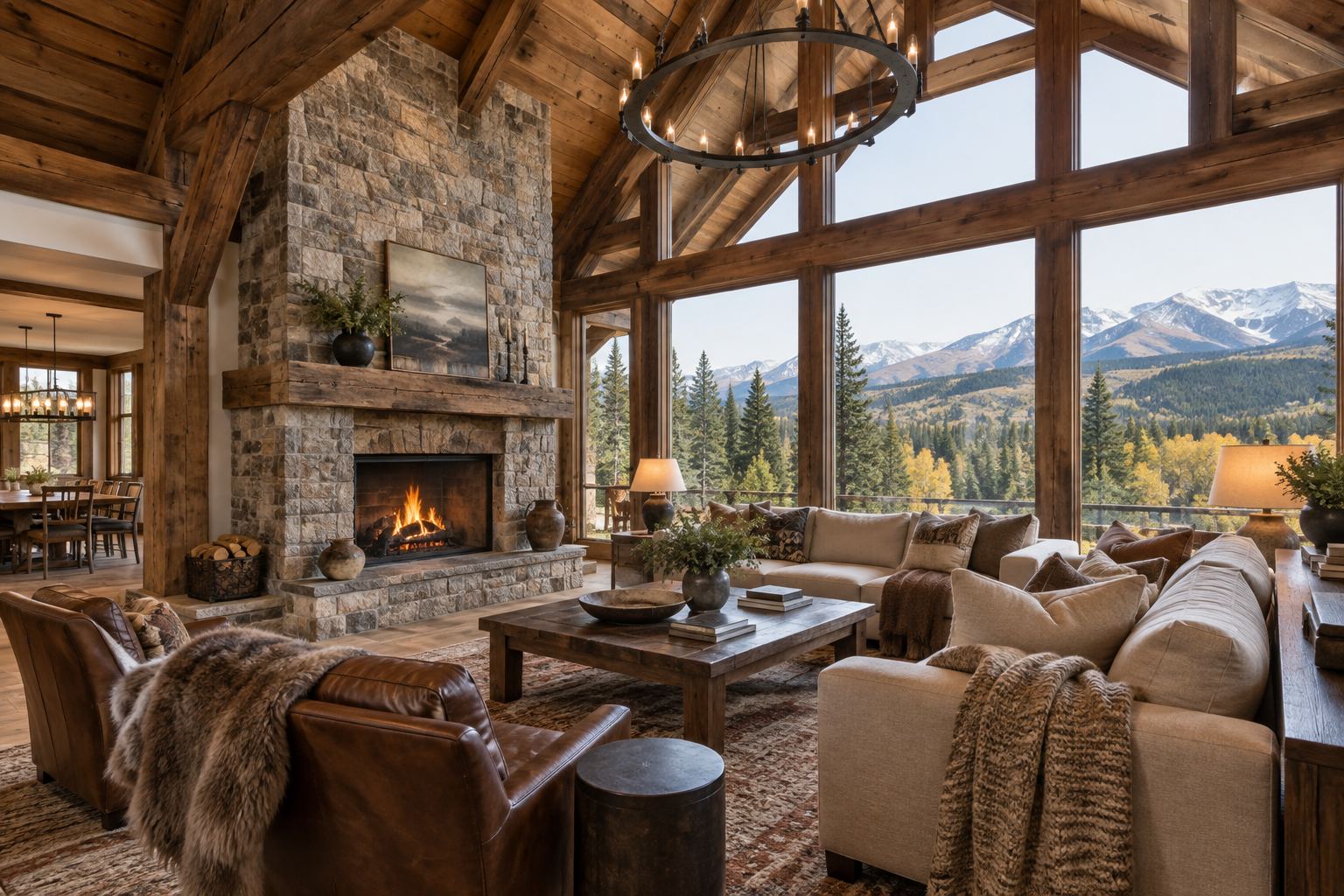 A warm log home great room, illustrative